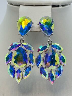 Silver Tone AB Crystal Statement Dangle Earrings Iridescent Glam